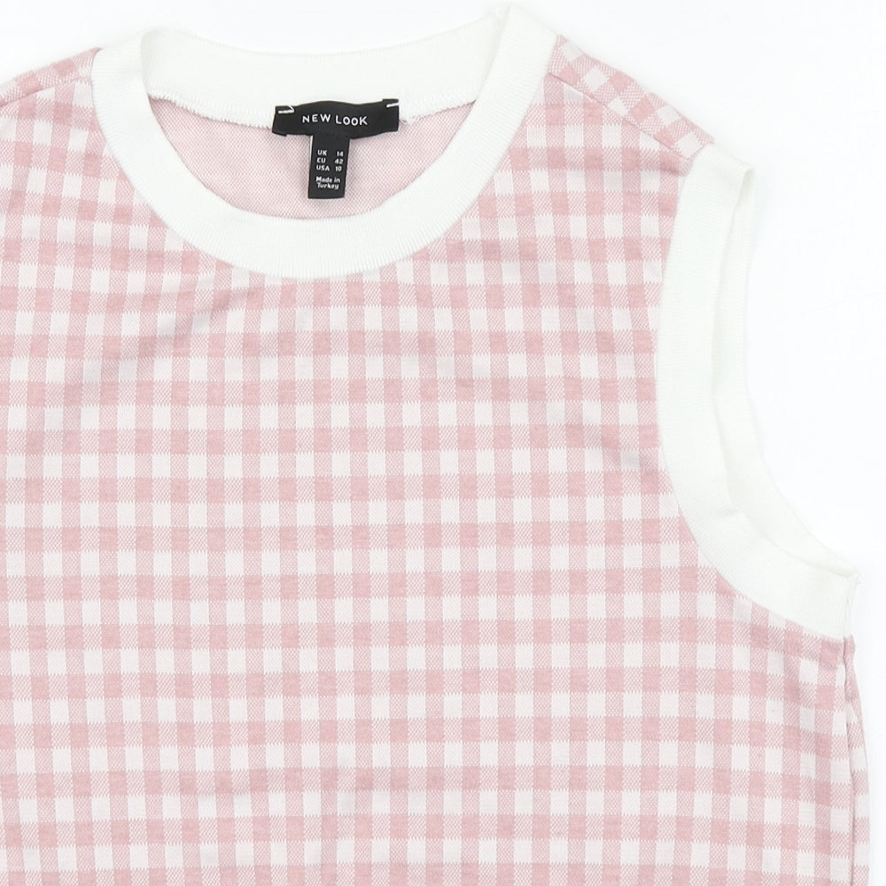 New Look Womens Pink Plaid Polyester Basic Tank Size 14 Round Neck