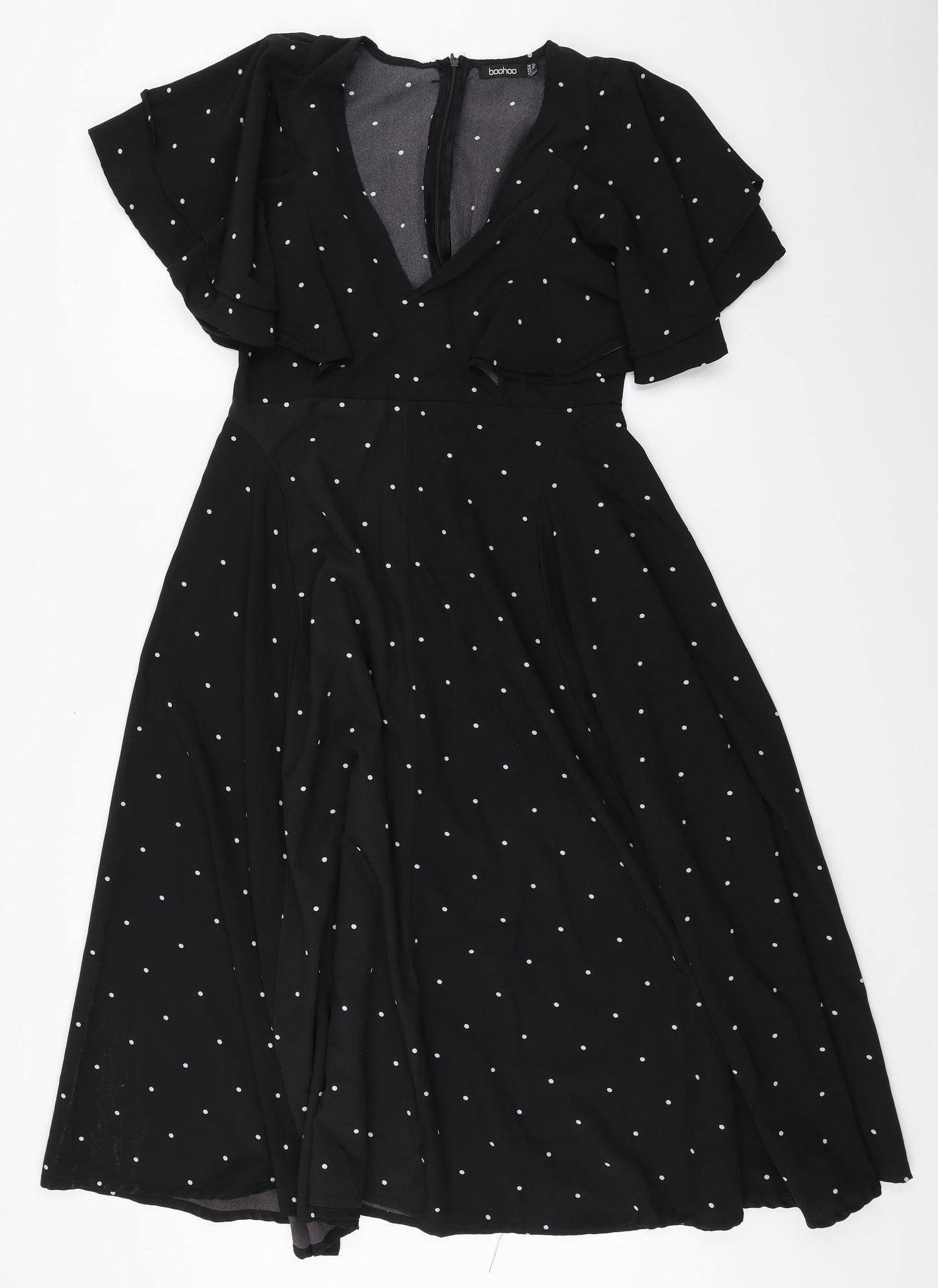 Boohoo Womens Black Polka Dot Polyester A-Line  Size 12  V-Neck Zip