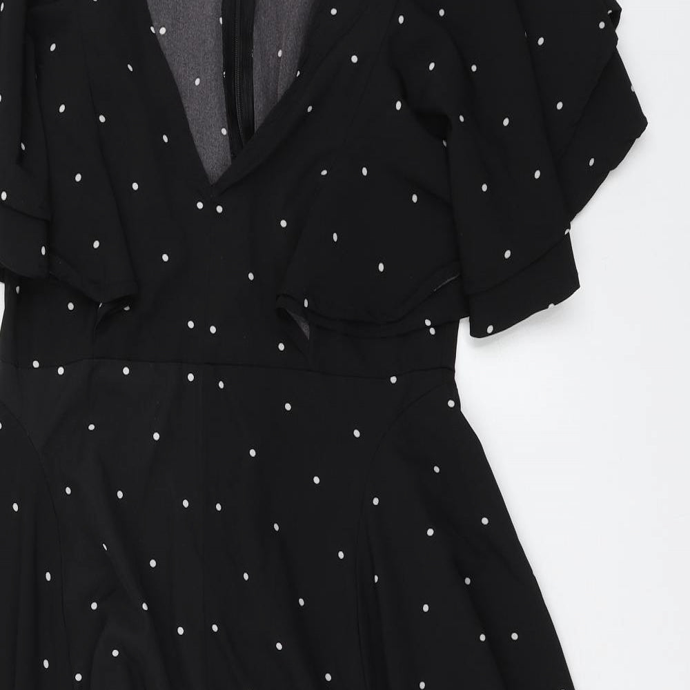 Boohoo Womens Black Polka Dot Polyester A-Line  Size 12  V-Neck Zip