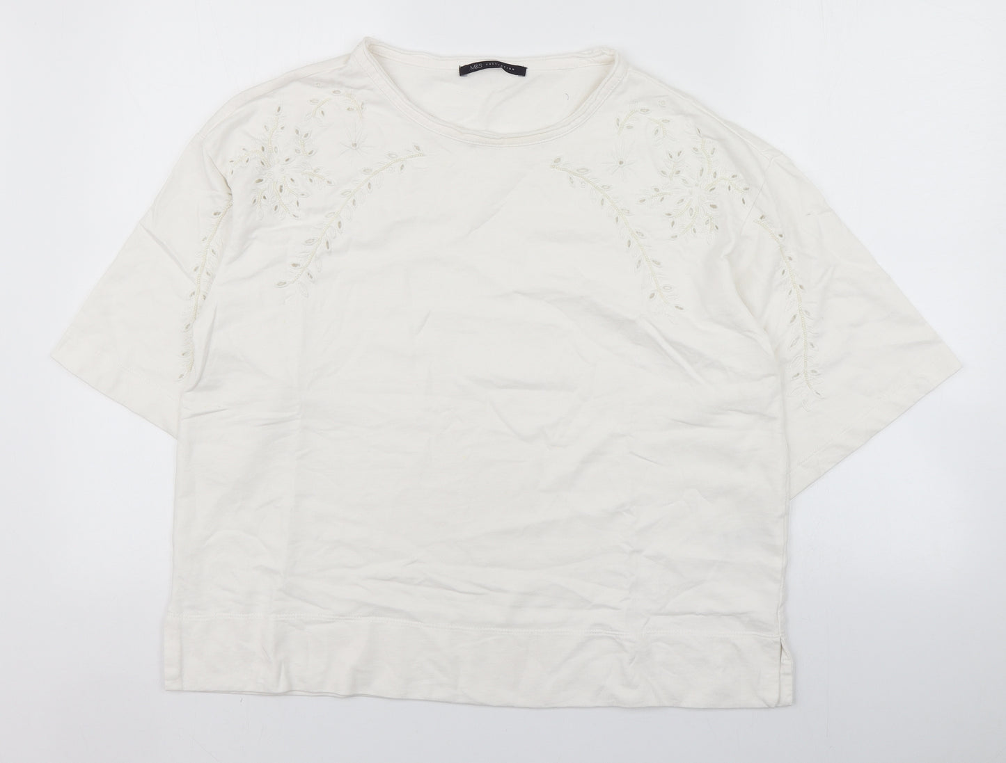 Marks and Spencer Womens Ivory  100% Cotton Basic T-Shirt Size 12 Round Neck