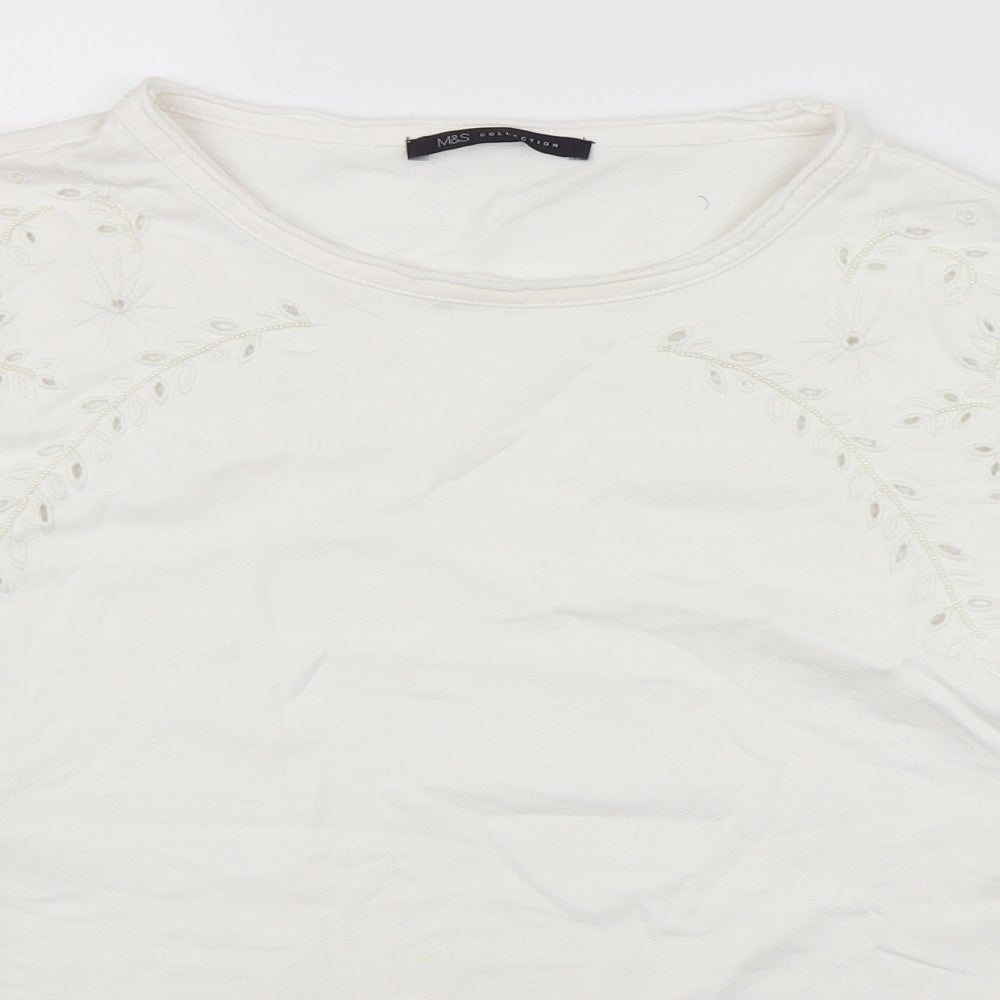 Marks and Spencer Womens Ivory  100% Cotton Basic T-Shirt Size 12 Round Neck