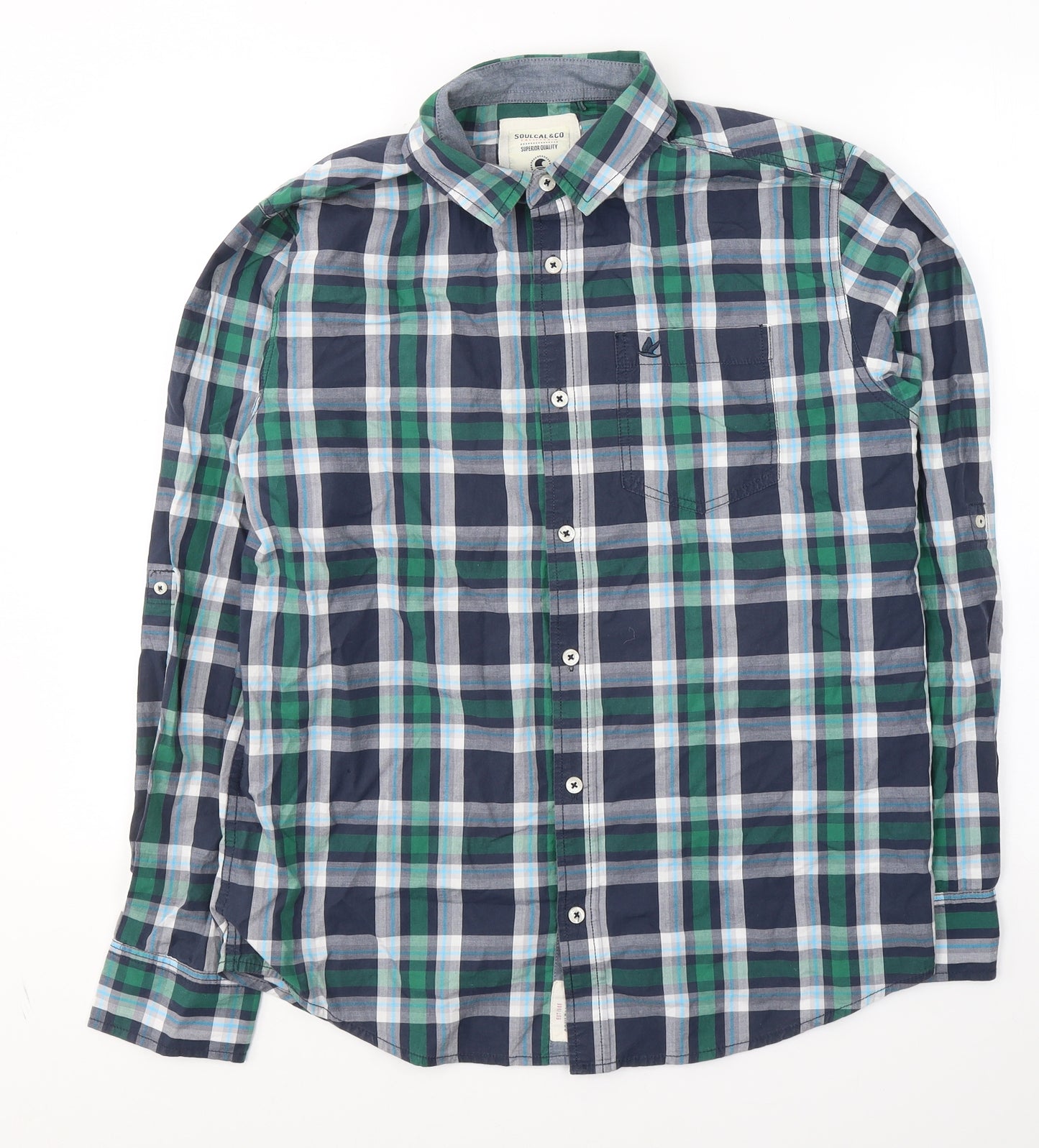 SoulCal&Co Mens Green Plaid Cotton  Button-Up Size M Collared Button