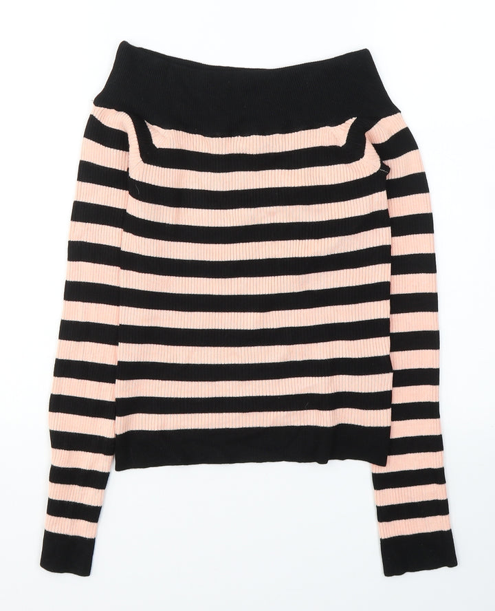 Miss Selfridge Womens Black Striped Viscose Jersey Blouse Size 12 Boat Neck
