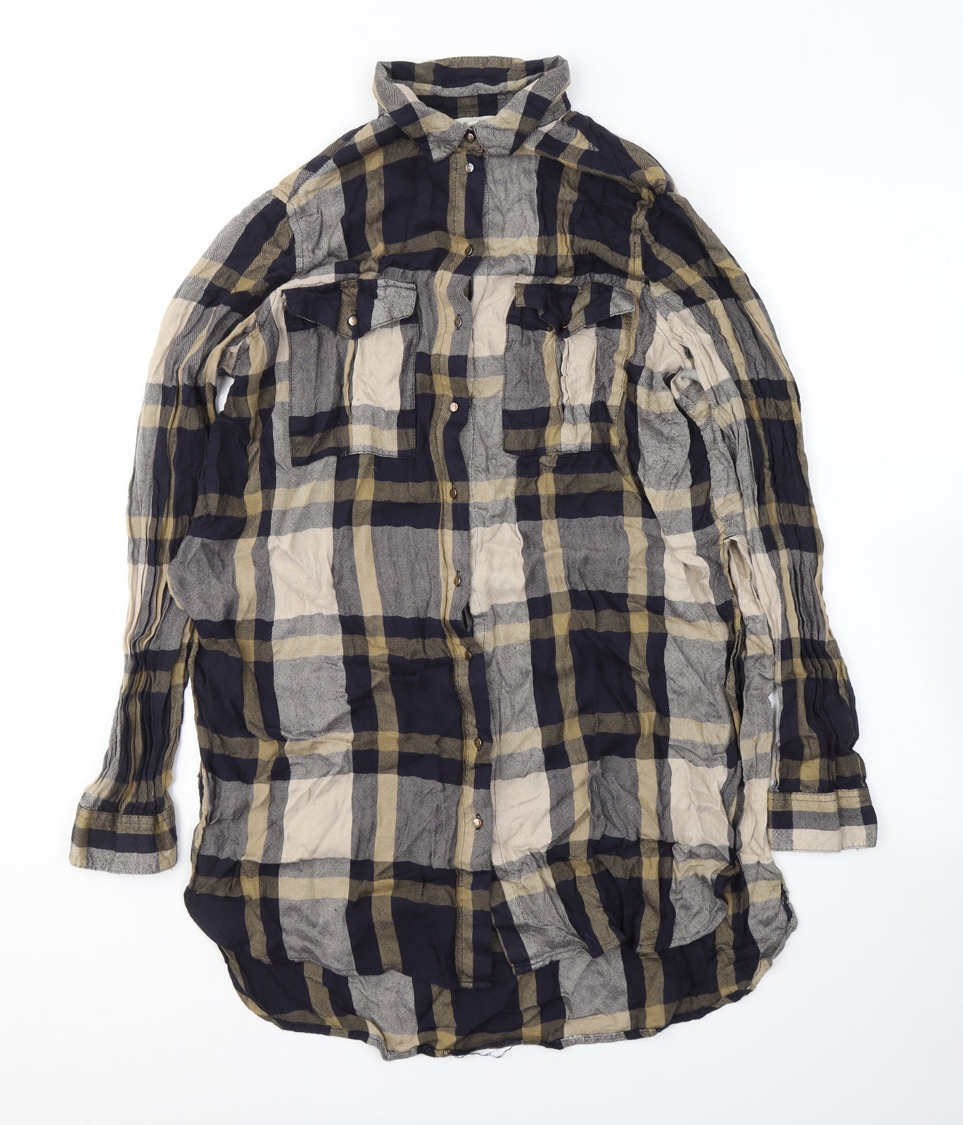 River Island Womens Multicoloured Plaid Viscose Tunic Button-Up Size 10 Collared - side slits