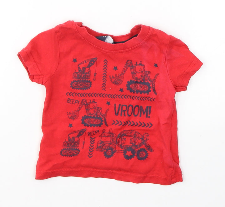 Rebel Boys Red Cotton Basic T-Shirt Size 9-12 Months Round Neck Pullover - Tractors