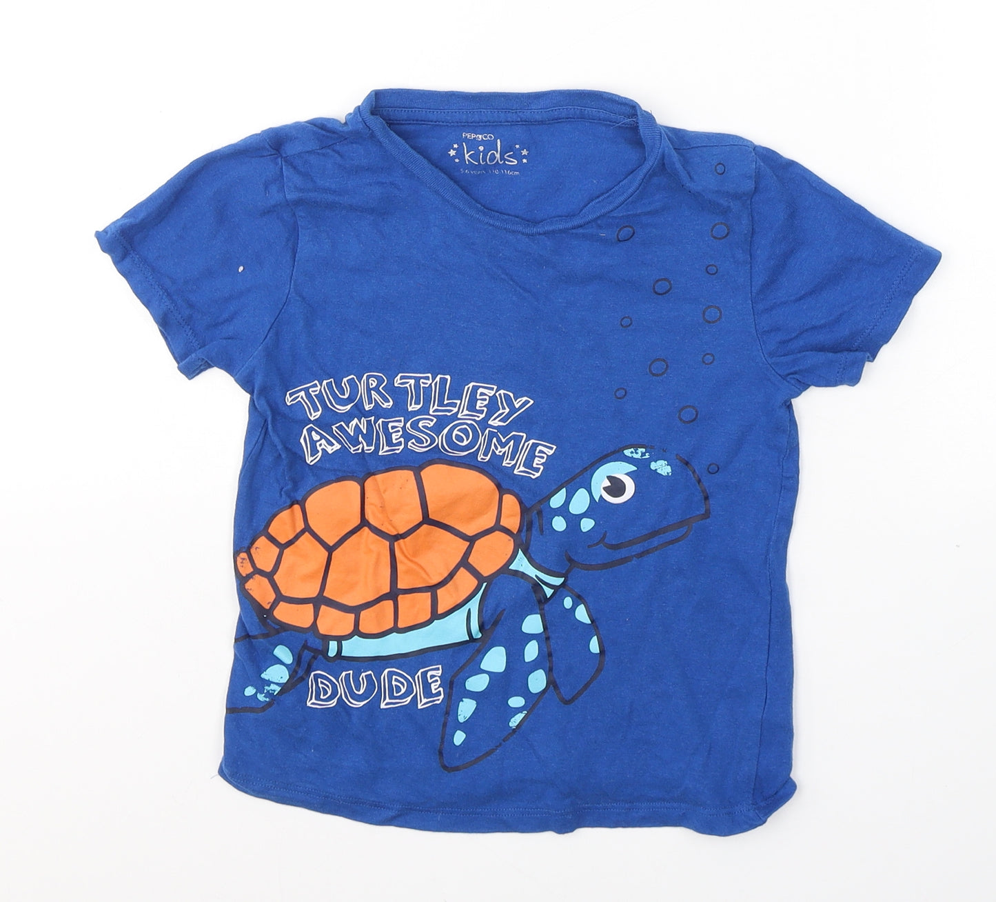Pep&Co Boys Blue  Cotton Basic T-Shirt Size 5-6 Years Round Neck Pullover - Turtle Awesome