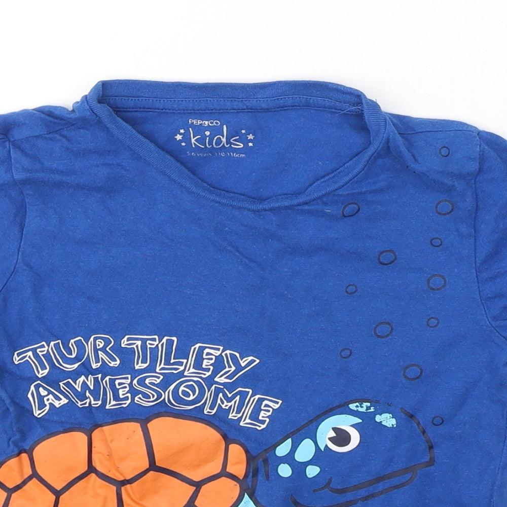 Pep&Co Boys Blue  Cotton Basic T-Shirt Size 5-6 Years Round Neck Pullover - Turtle Awesome
