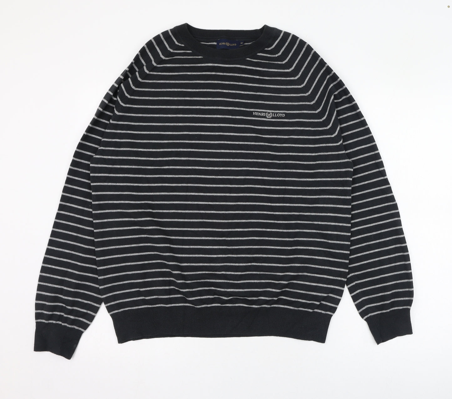 Henri Lloyd Mens Grey Round Neck Striped Cotton Pullover Jumper Size M