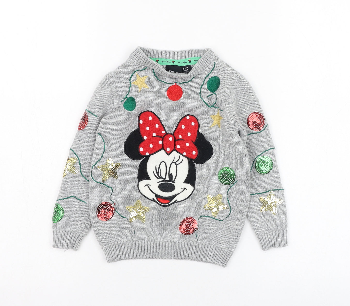 Primark Girls Grey Round Neck  Polyester Pullover Jumper Size 2-3 Years  Pullover - Minnie Mouse, Christmas