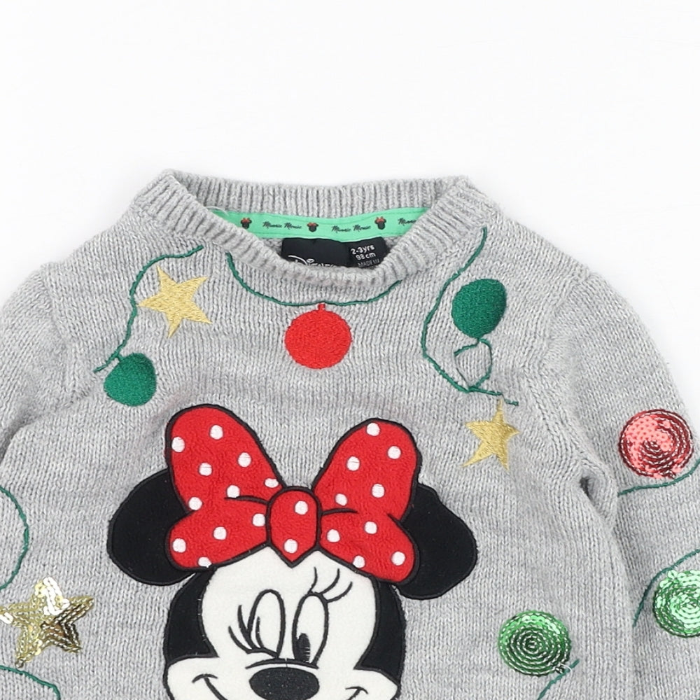 Primark Girls Grey Round Neck  Polyester Pullover Jumper Size 2-3 Years  Pullover - Minnie Mouse, Christmas