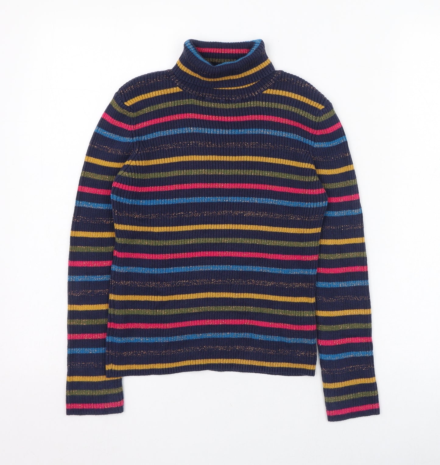 Marks and Spencer Girls Blue Roll Neck Striped Cotton Pullover Jumper Size 9-10 Years  Pullover