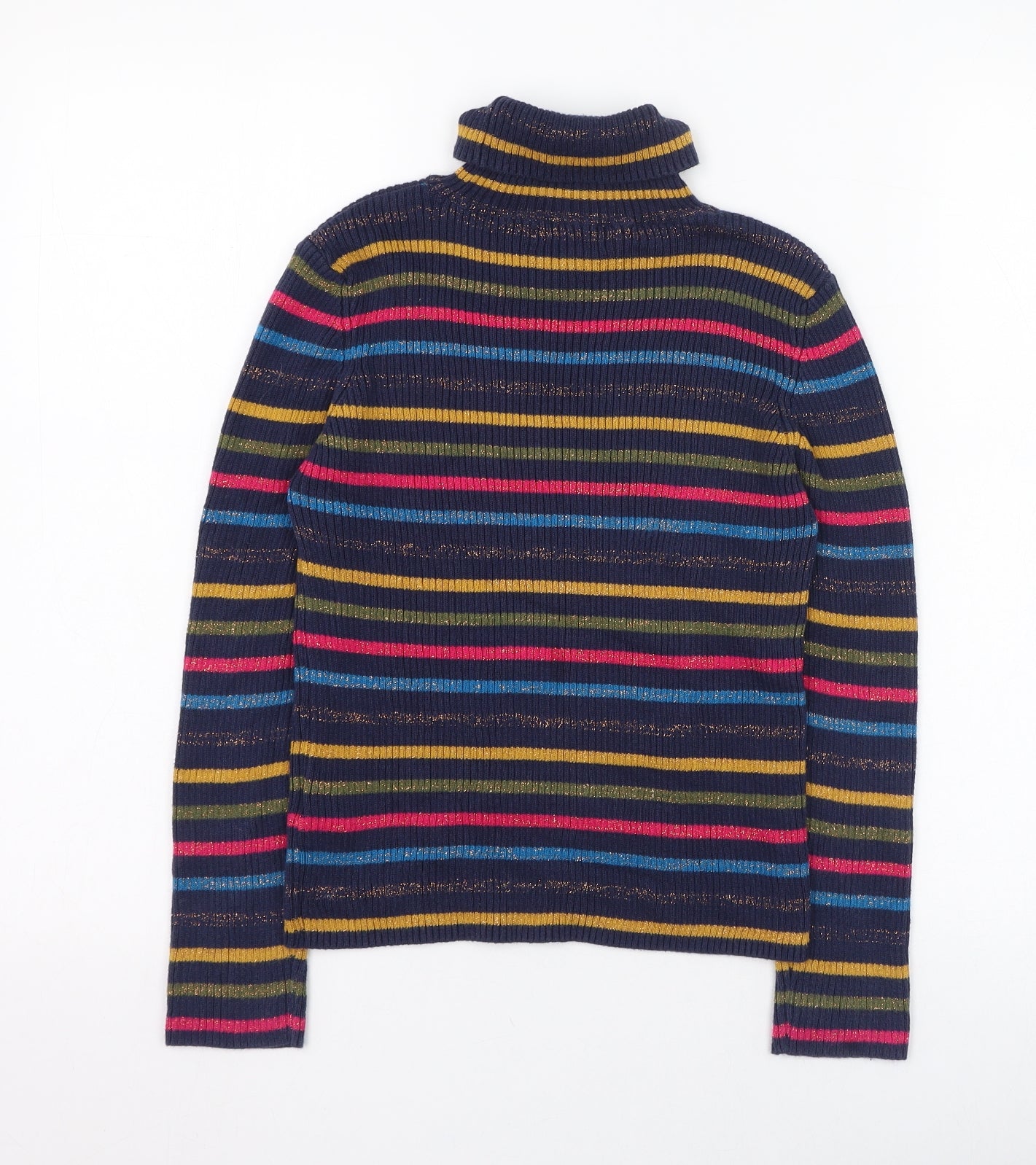 Marks and Spencer Girls Blue Roll Neck Striped Cotton Pullover Jumper Size 9-10 Years  Pullover