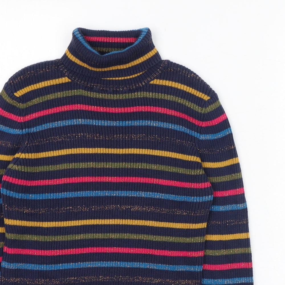 Marks and Spencer Girls Blue Roll Neck Striped Cotton Pullover Jumper Size 9-10 Years  Pullover