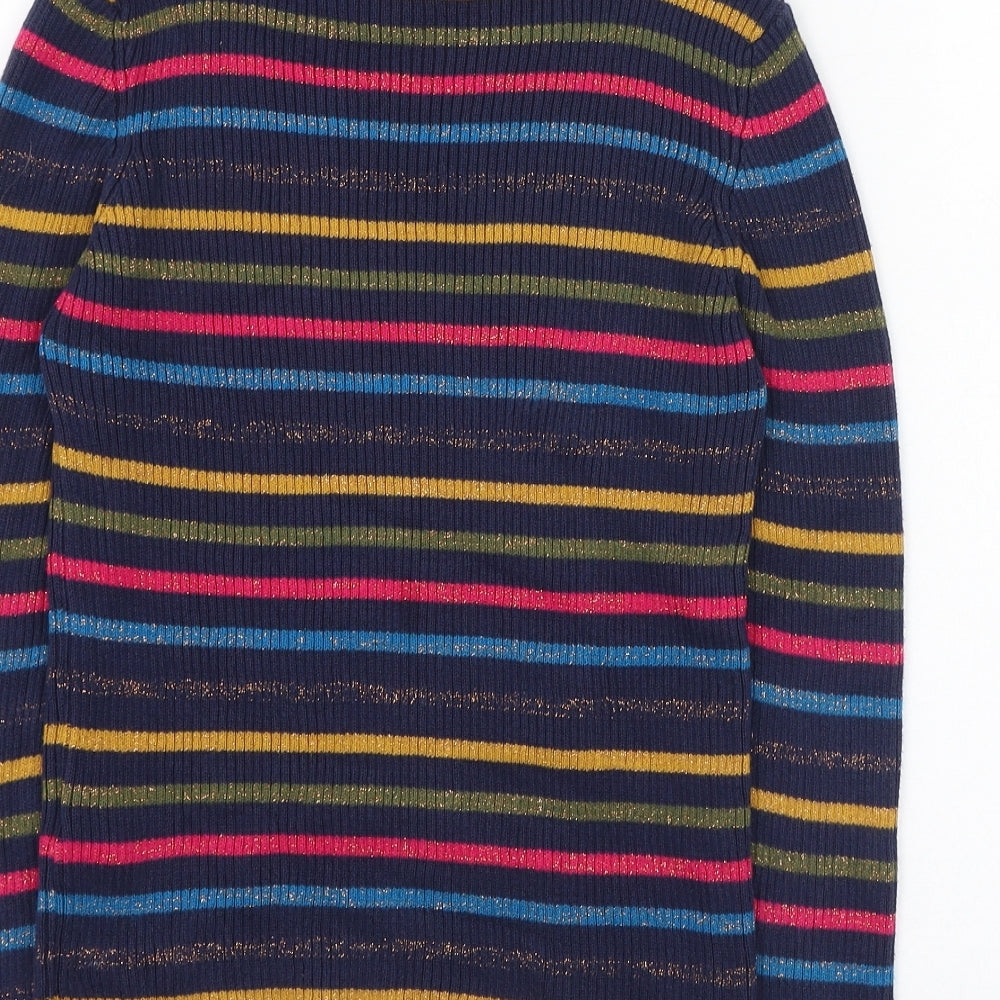 Marks and Spencer Girls Blue Roll Neck Striped Cotton Pullover Jumper Size 9-10 Years  Pullover
