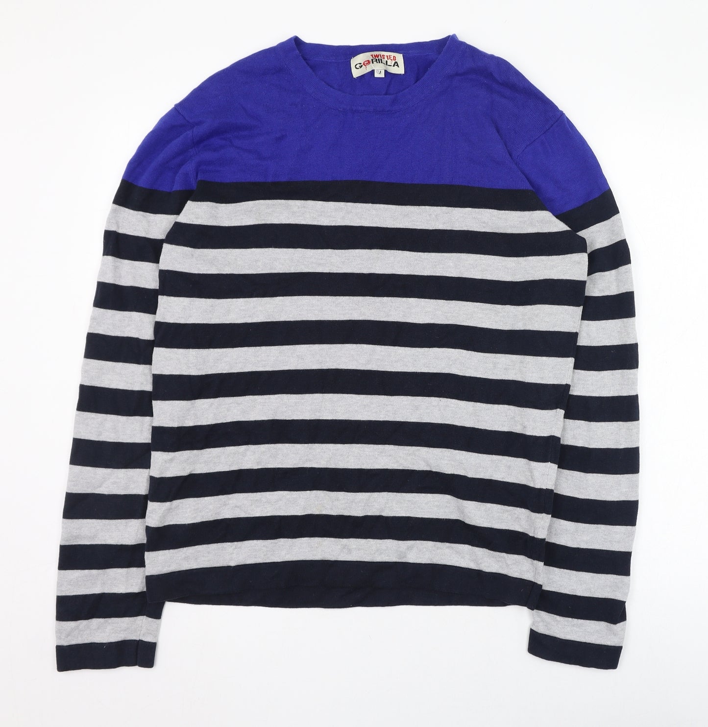 Twisted Gorilla Mens Blue Round Neck Striped Cotton Pullover Jumper Size M