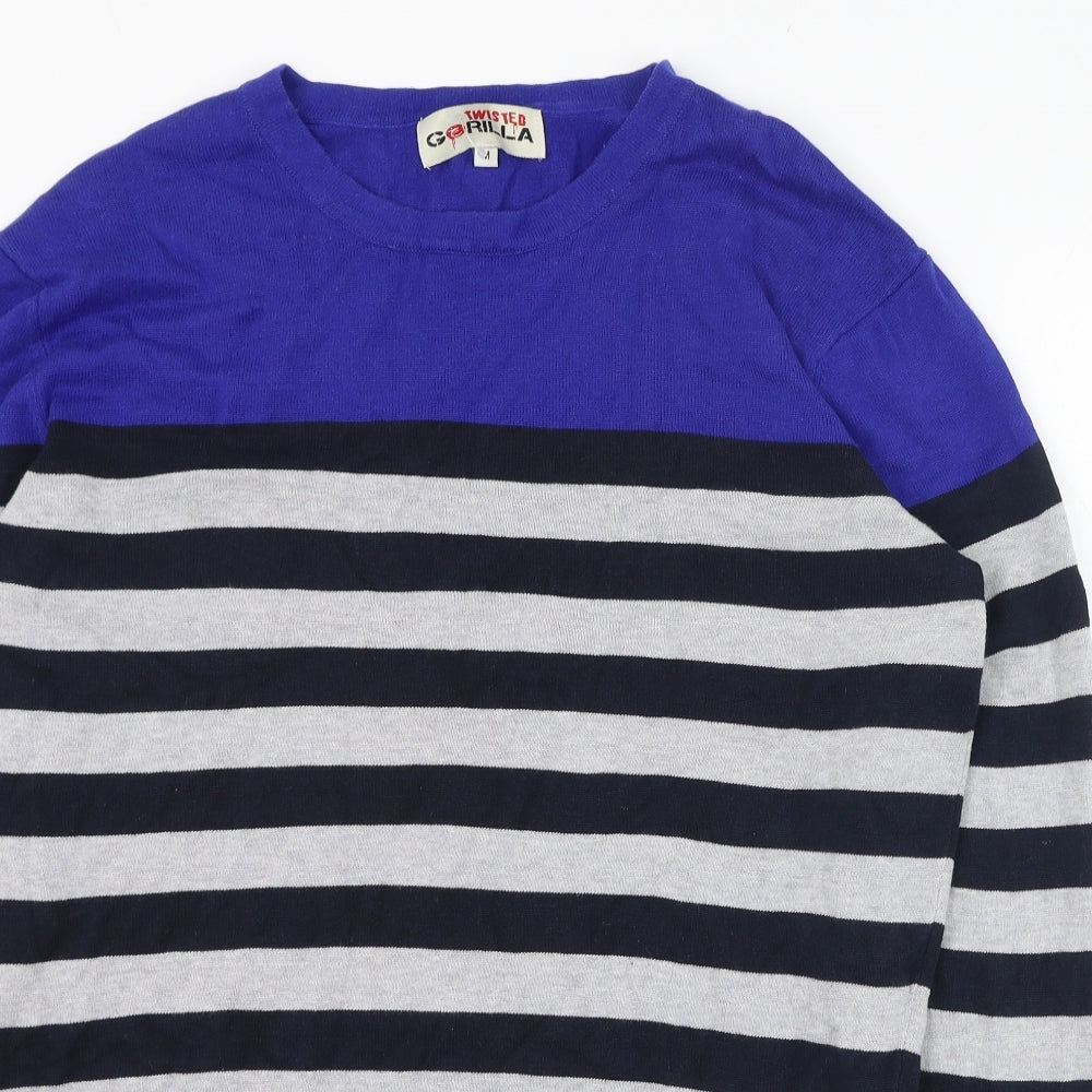 Twisted Gorilla Mens Blue Round Neck Striped Cotton Pullover Jumper Size M