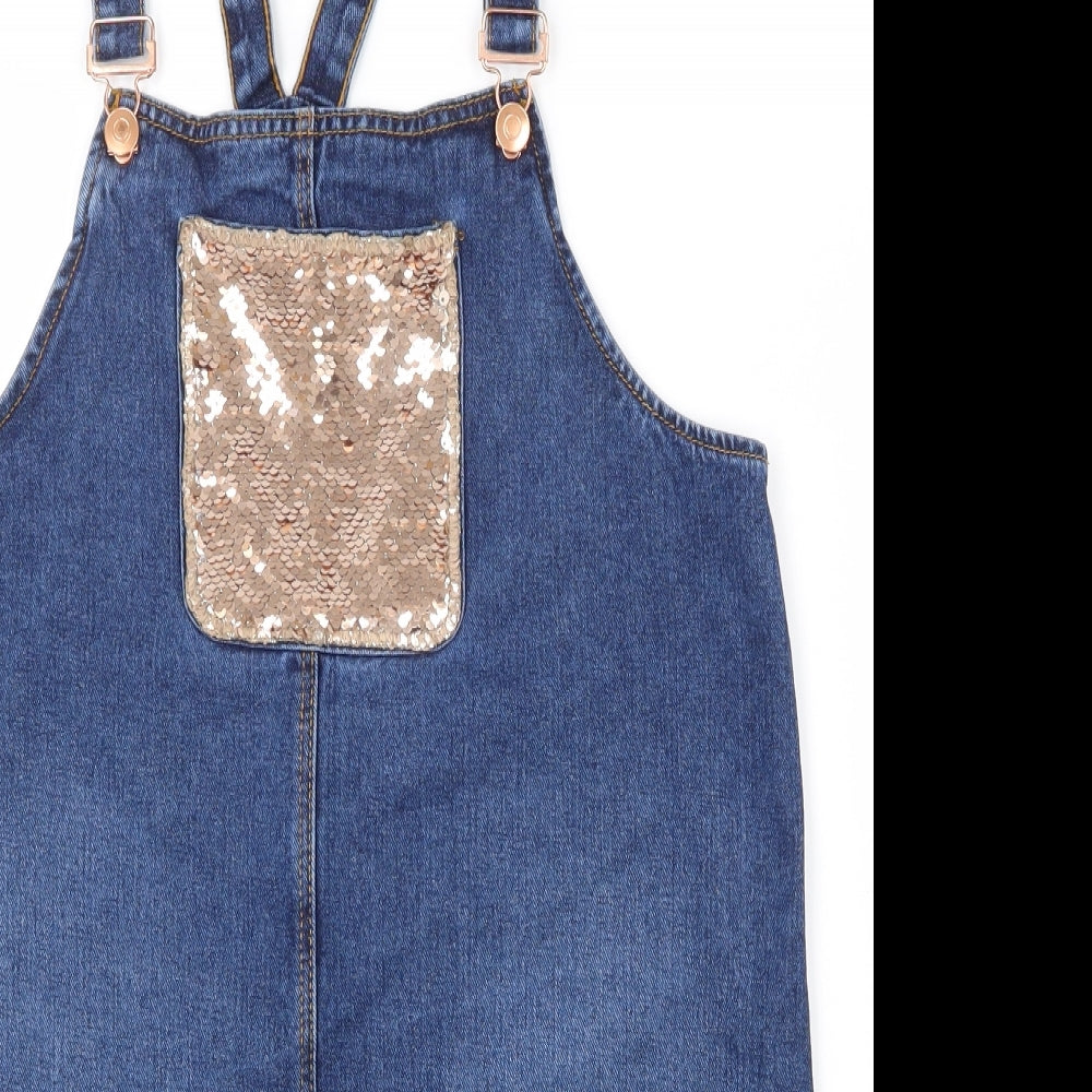 George Girls Blue  Cotton Pinafore/Dungaree Dress  Size 13-14 Years  Square Neck Buckle