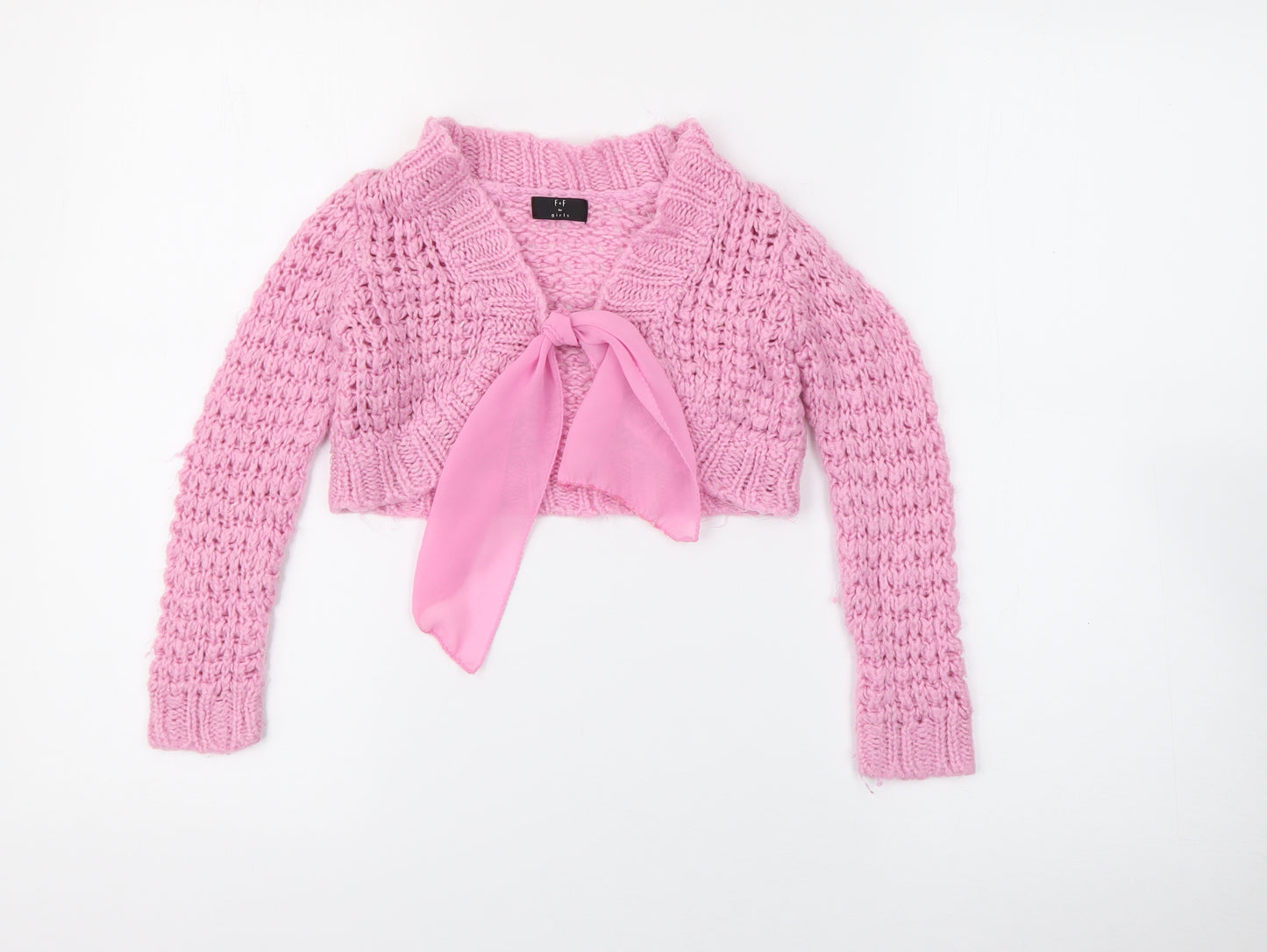 F&F Girls Pink V-Neck  Acrylic Cardigan Jumper Size 5-6 Years  Tie