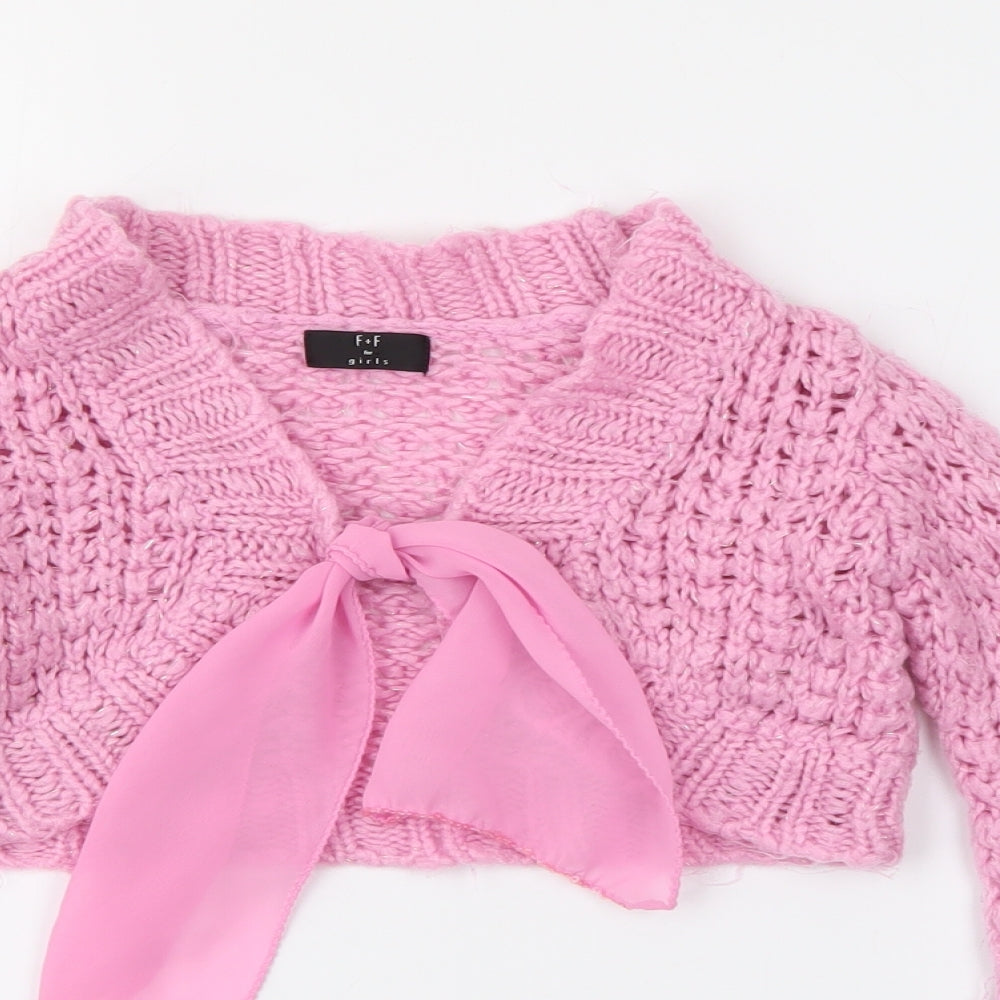 F&F Girls Pink V-Neck  Acrylic Cardigan Jumper Size 5-6 Years  Tie