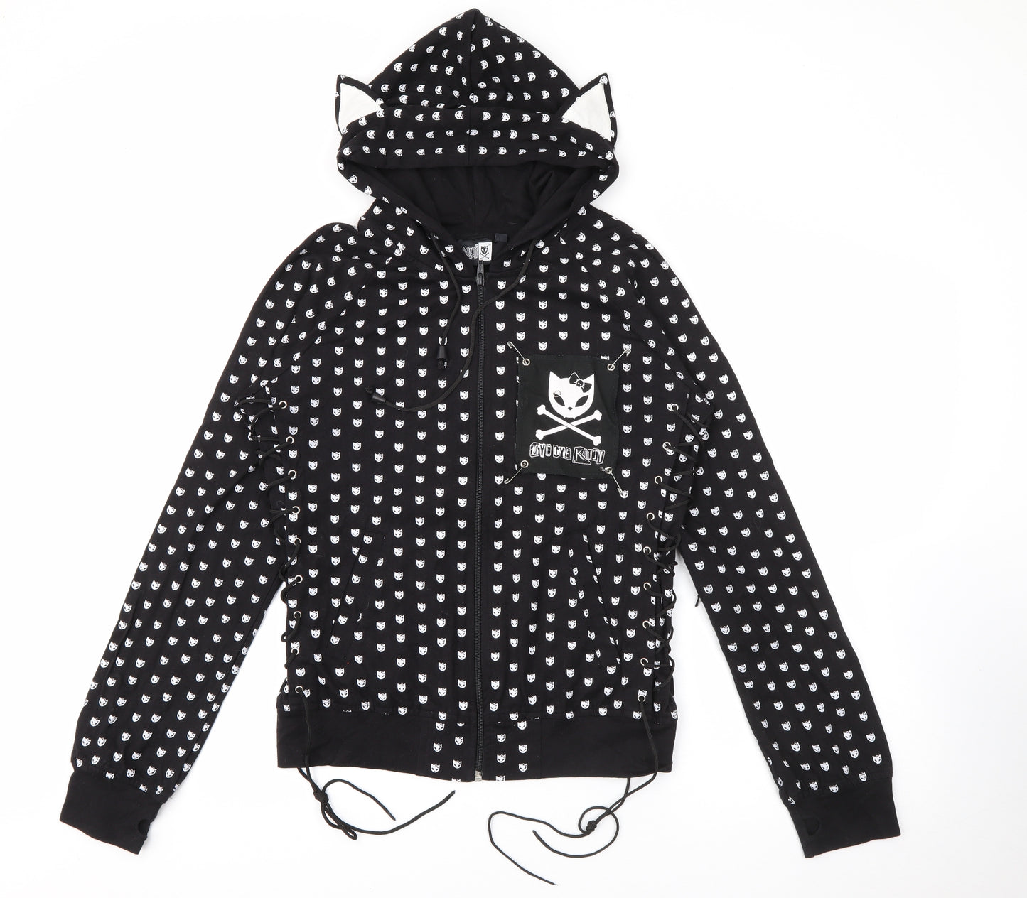 Bye Bye Kitty Womens Black Geometric Cotton Full Zip Hoodie Size M  Zip