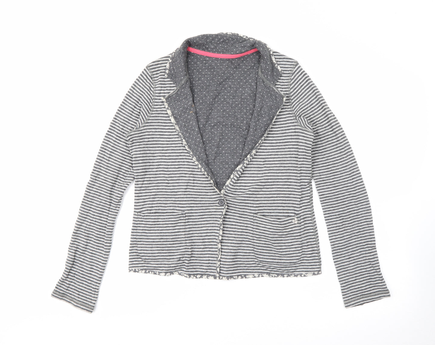 White Stuff Womens Grey Collared Striped Cotton Cardigan Jumper Size 8   - Reversable