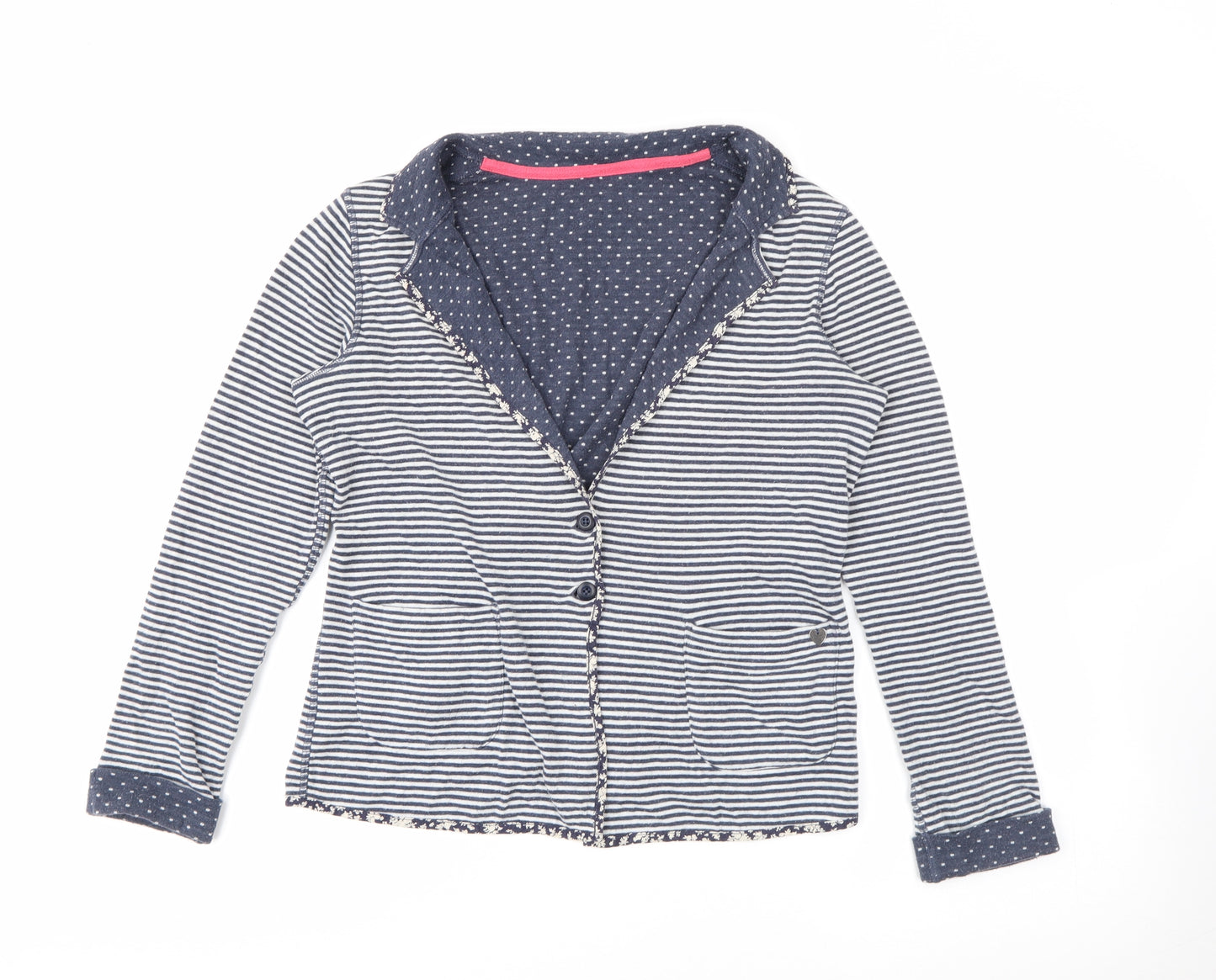 White Stuff Womens Blue Collared Striped Cotton Cardigan Jumper Size 8   - Reversable