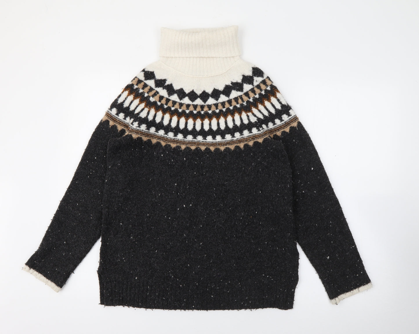 Marks and Spencer Womens Grey Roll Neck Fair Isle Acrylic Pullover Jumper Size XS