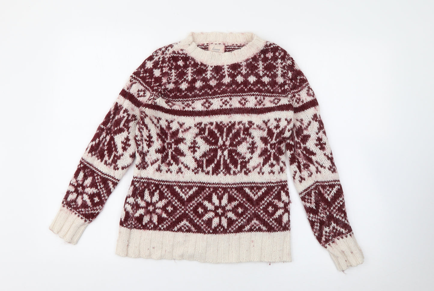 Linea Womens Red Crew Neck Fair Isle Acrylic Pullover Jumper Size S