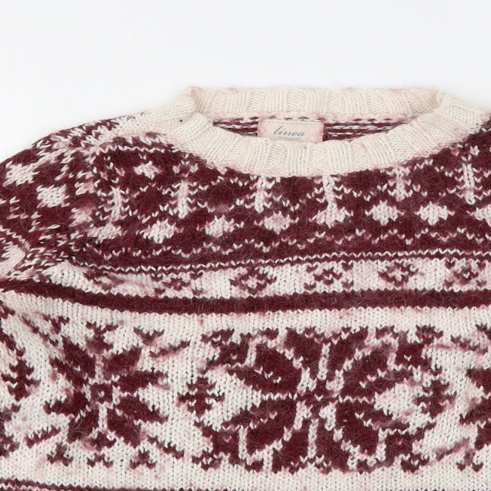 Linea Womens Red Crew Neck Fair Isle Acrylic Pullover Jumper Size S