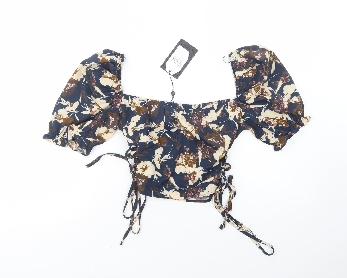 NaaNaa Womens Blue Floral Polyester Cropped Blouse Size 12 Square Neck
