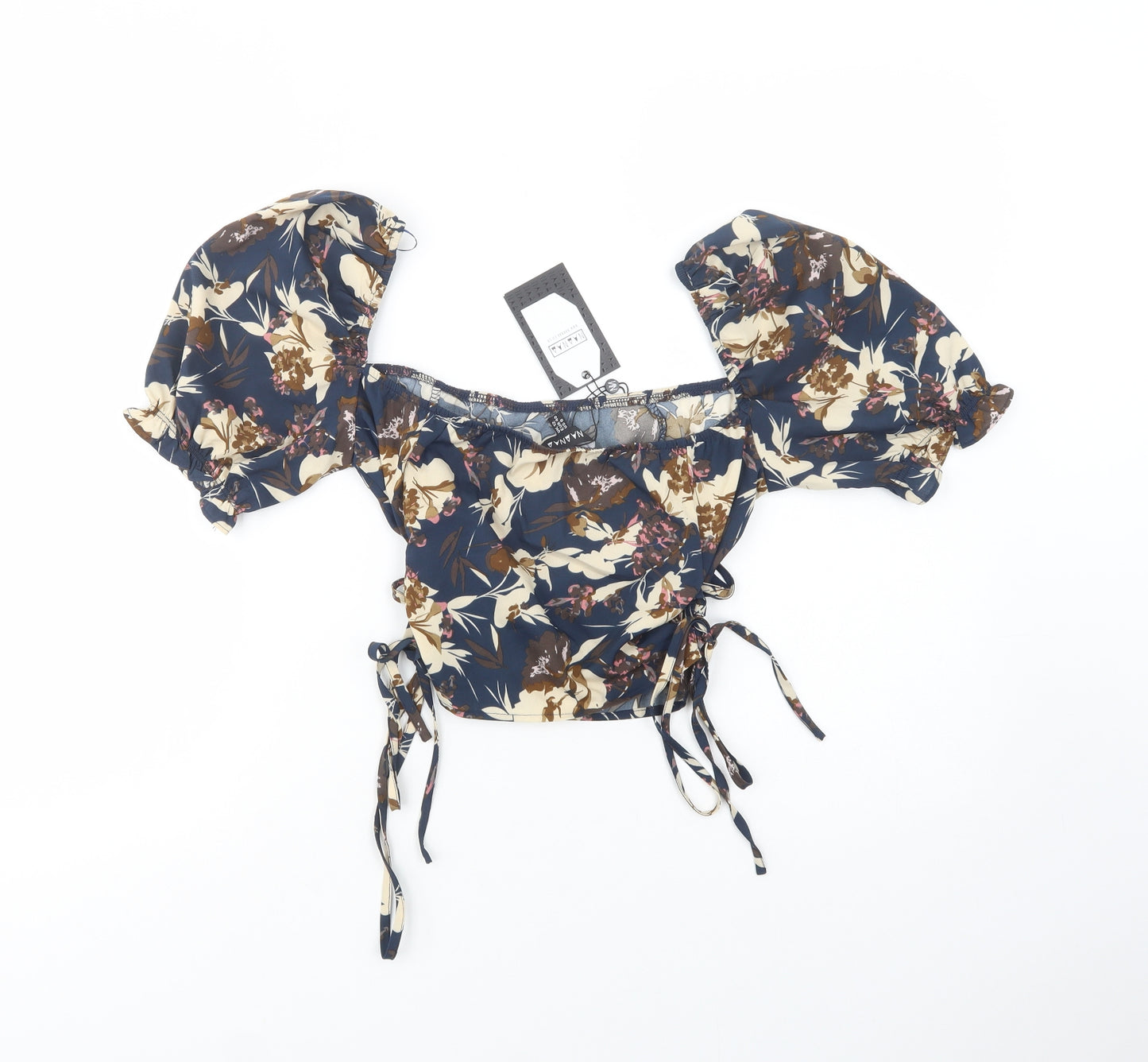 NaaNaa Womens Blue Floral Polyester Cropped Blouse Size 12 Square Neck