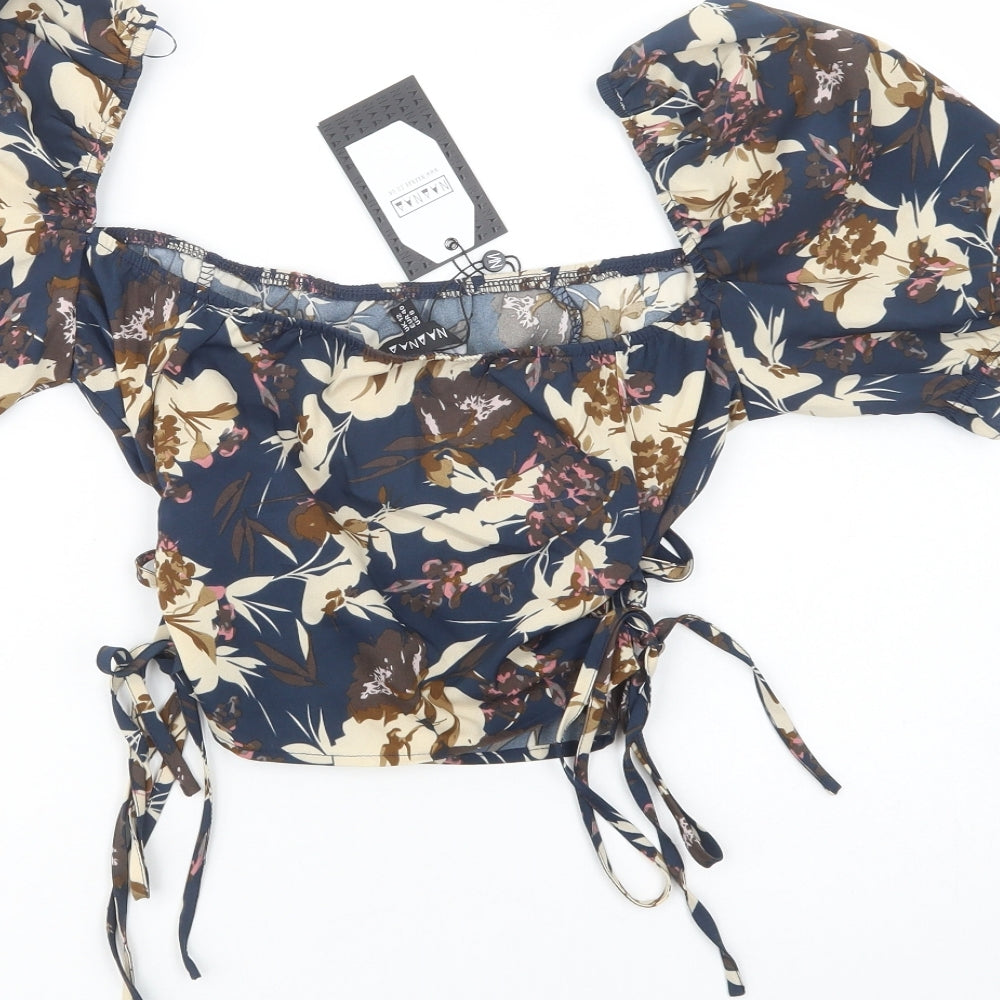 NaaNaa Womens Blue Floral Polyester Cropped Blouse Size 12 Square Neck