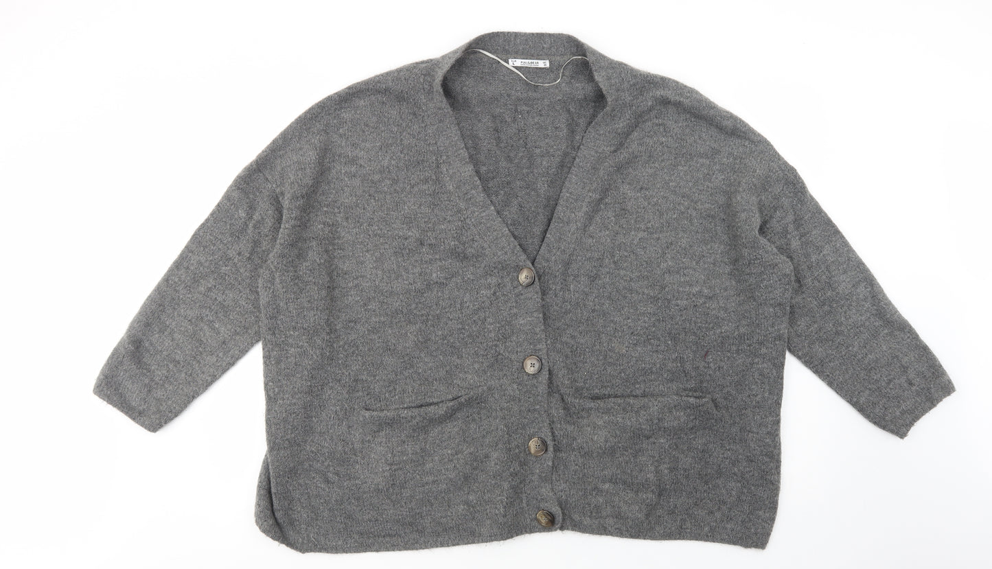 Pull & Bear Womens Grey V-Neck  Acrylic Cardigan Jumper Size L