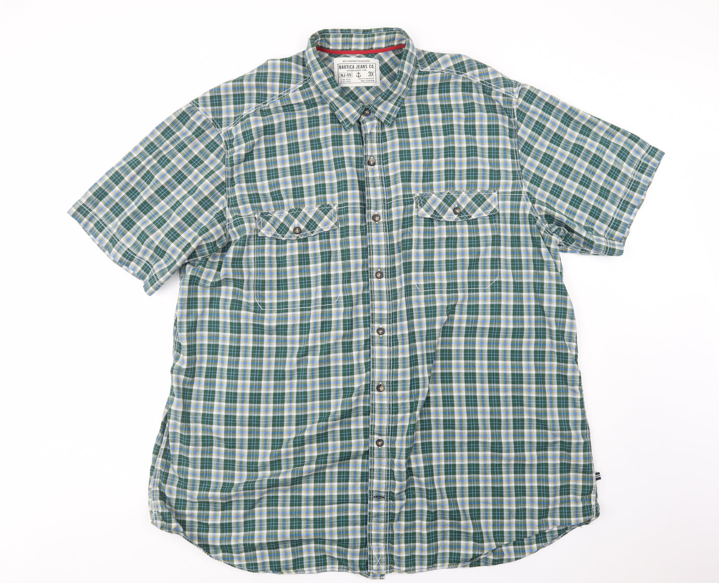 Nautica Mens Green Plaid Cotton  Button-Up Size 3XL Collared Button