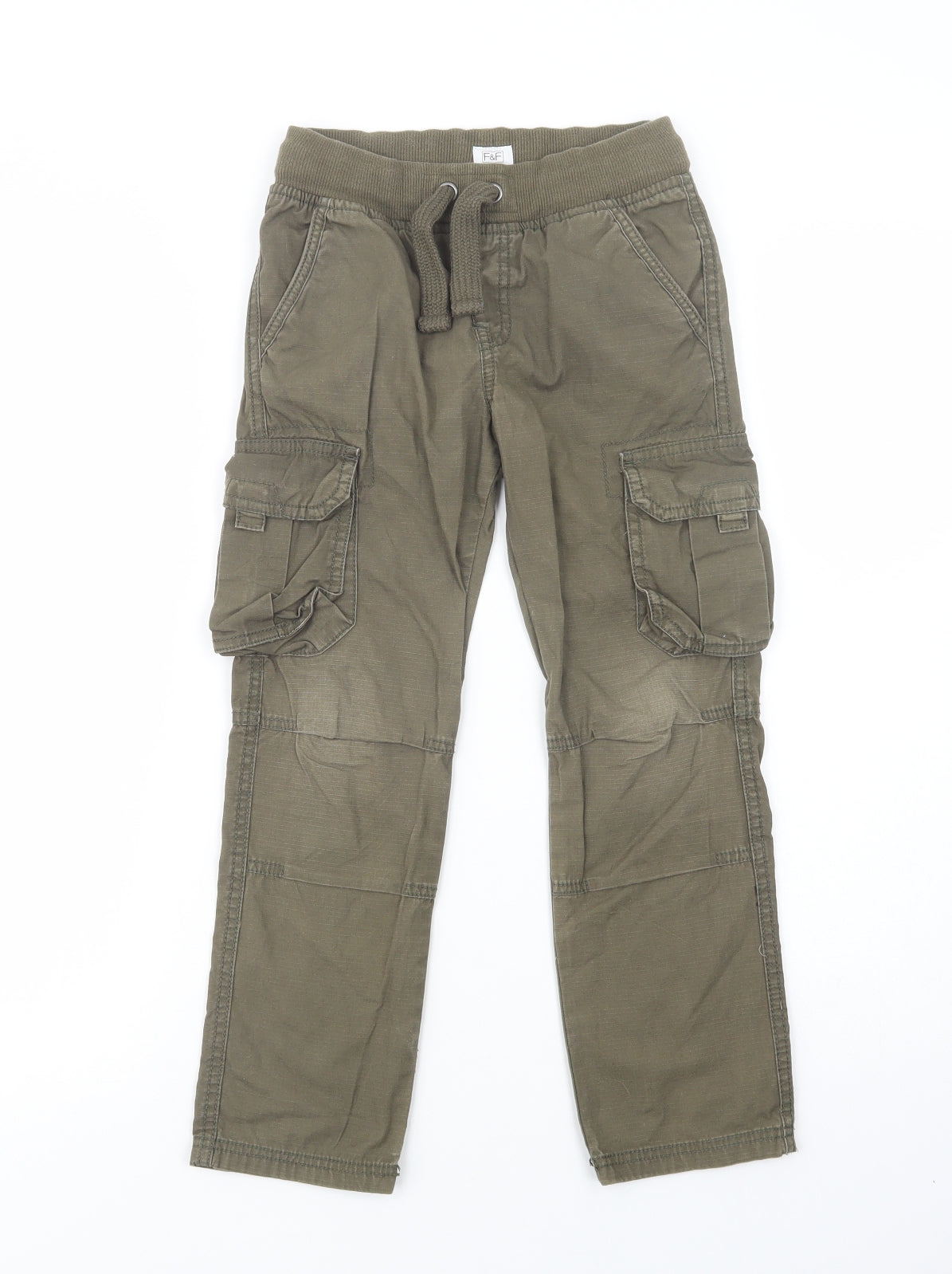 F&F Boys Green  Cotton Cargo Trousers Size 7-8 Years  Regular Drawstring
