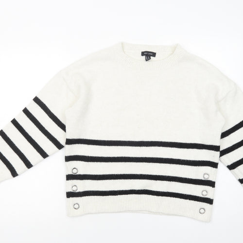 New Look Womens White Crew Neck Striped Acrylic Pullover Jumper Size M