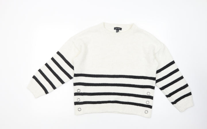New Look Womens White Crew Neck Striped Acrylic Pullover Jumper Size M