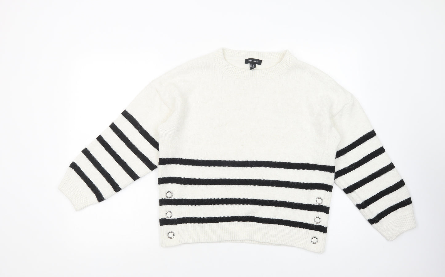 New Look Womens White Crew Neck Striped Acrylic Pullover Jumper Size M