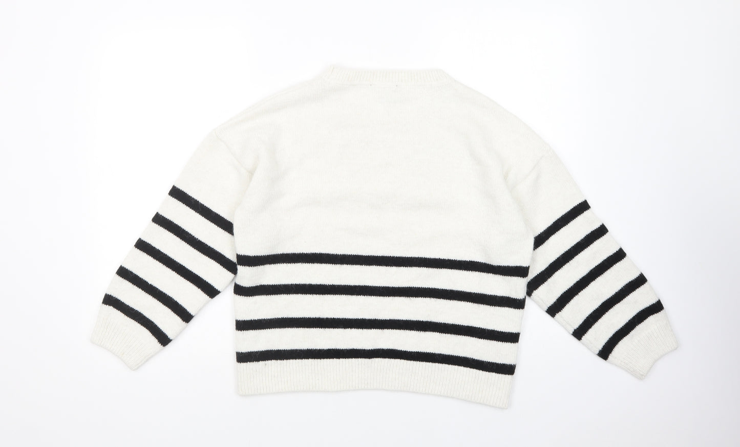 New Look Womens White Crew Neck Striped Acrylic Pullover Jumper Size M