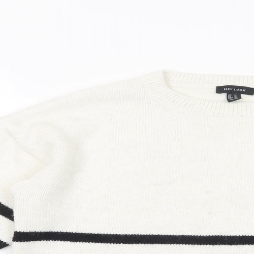 New Look Womens White Crew Neck Striped Acrylic Pullover Jumper Size M