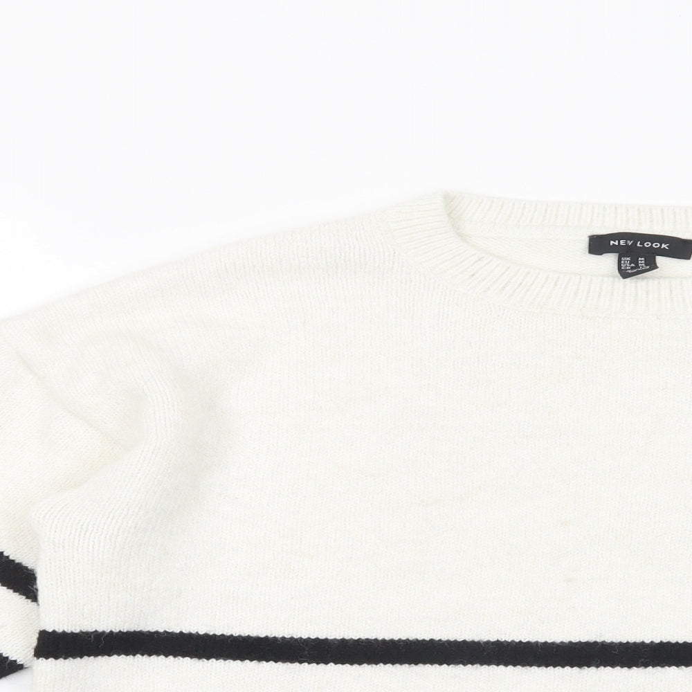 New Look Womens White Crew Neck Striped Acrylic Pullover Jumper Size M