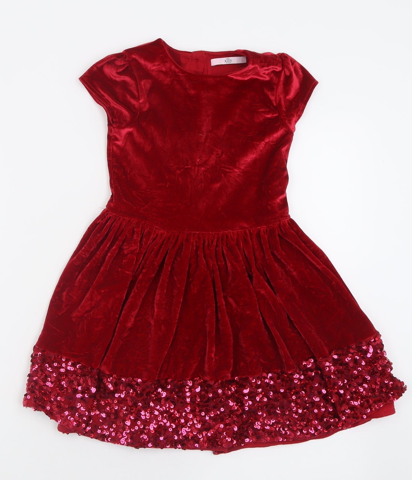 Marks and Spencer Girls Red  Polyester Fit & Flare  Size 6-7 Years  Crew Neck Button