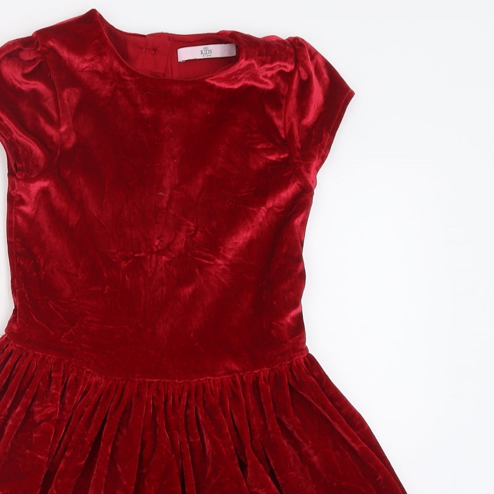 Marks and Spencer Girls Red  Polyester Fit & Flare  Size 6-7 Years  Crew Neck Button