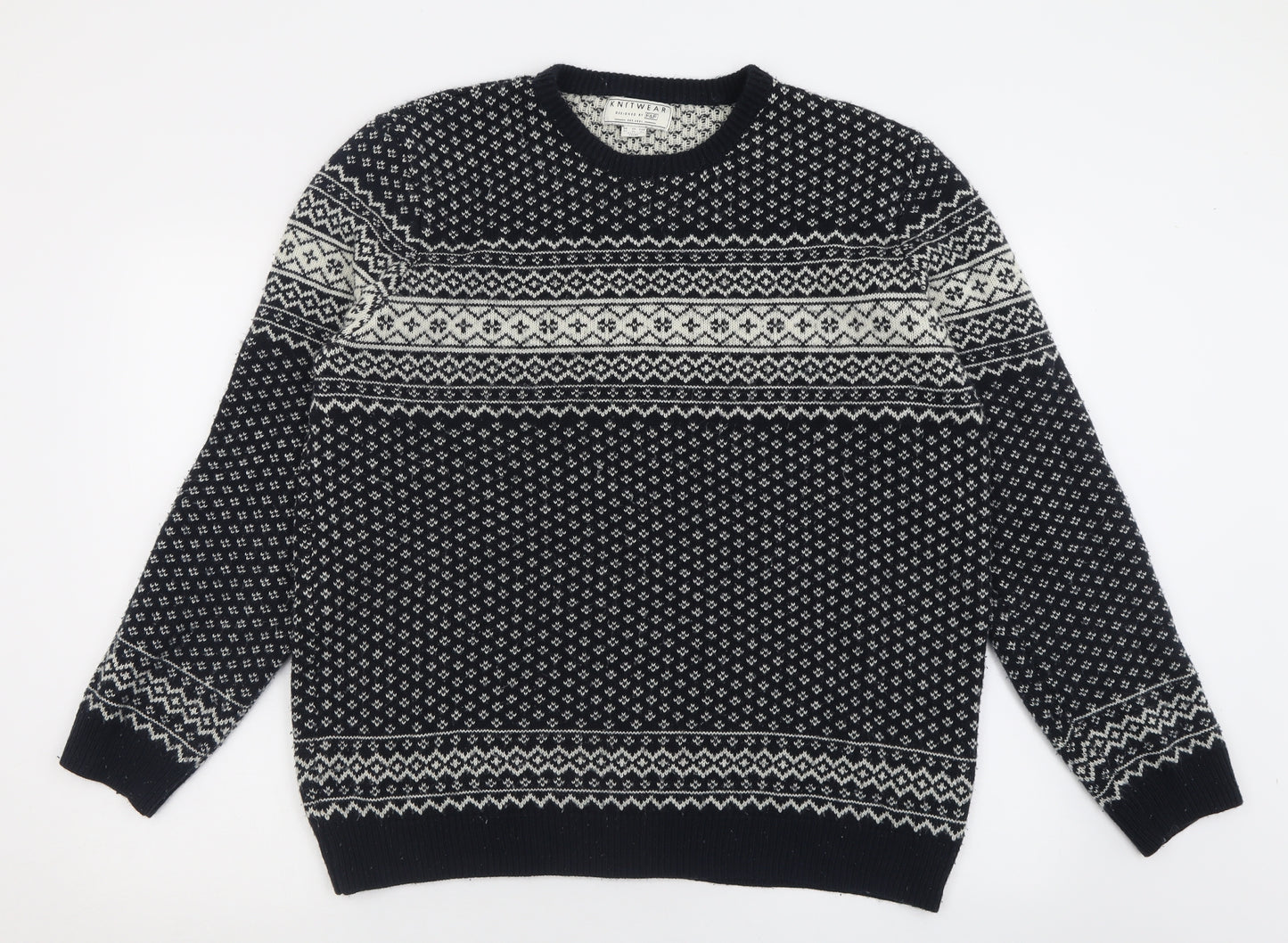 F&F Mens Black Crew Neck Geometric Acrylic Pullover Jumper Size XL