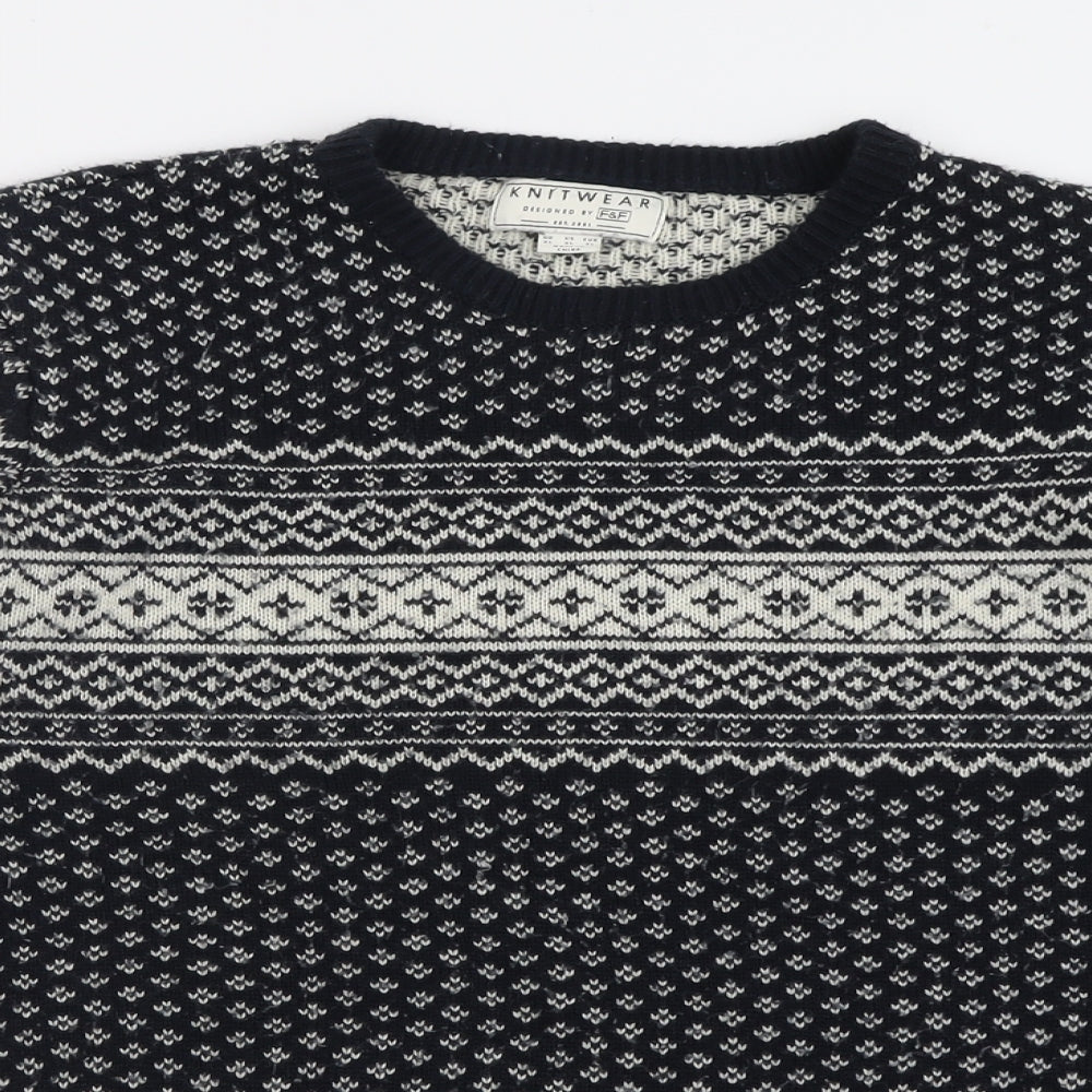 F&F Mens Black Crew Neck Geometric Acrylic Pullover Jumper Size XL
