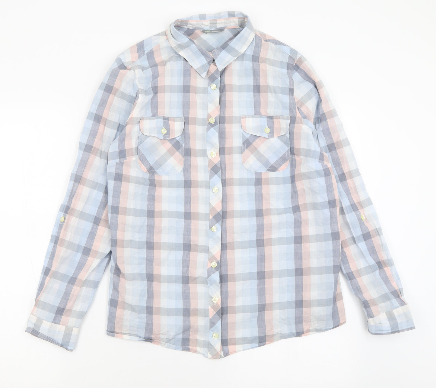 Marks and Spencer Womens Blue Check Cotton Basic Button-Up Size 16 Collared