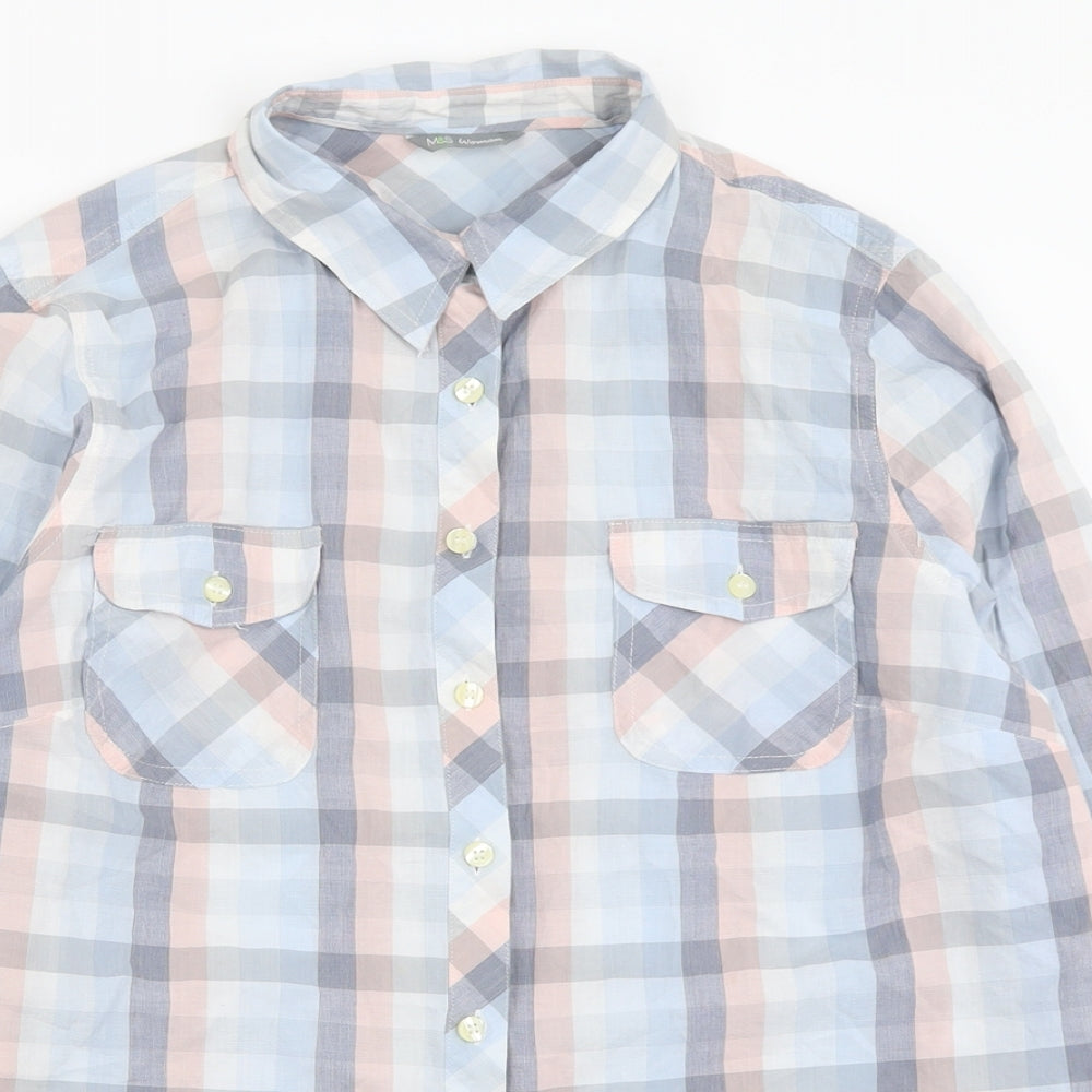 Marks and Spencer Womens Blue Check Cotton Basic Button-Up Size 16 Collared