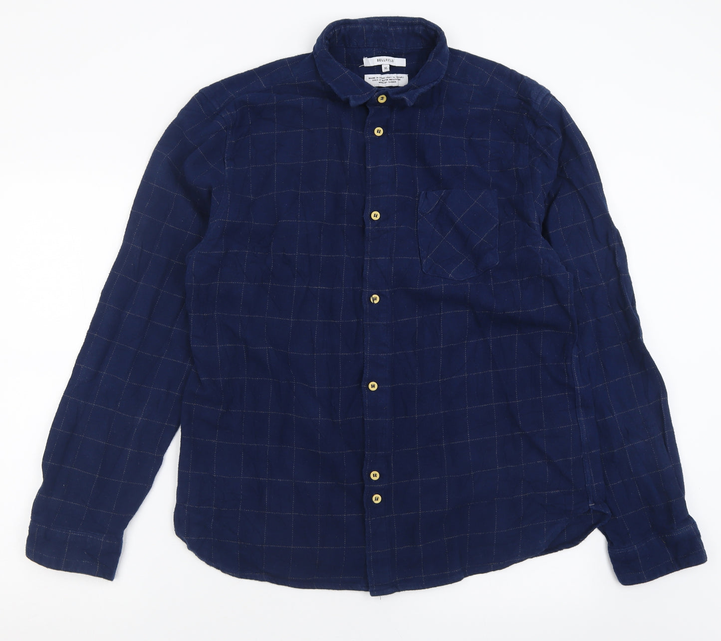 Bellfield Mens Blue Check Cotton  Button-Up Size XL Collared Button
