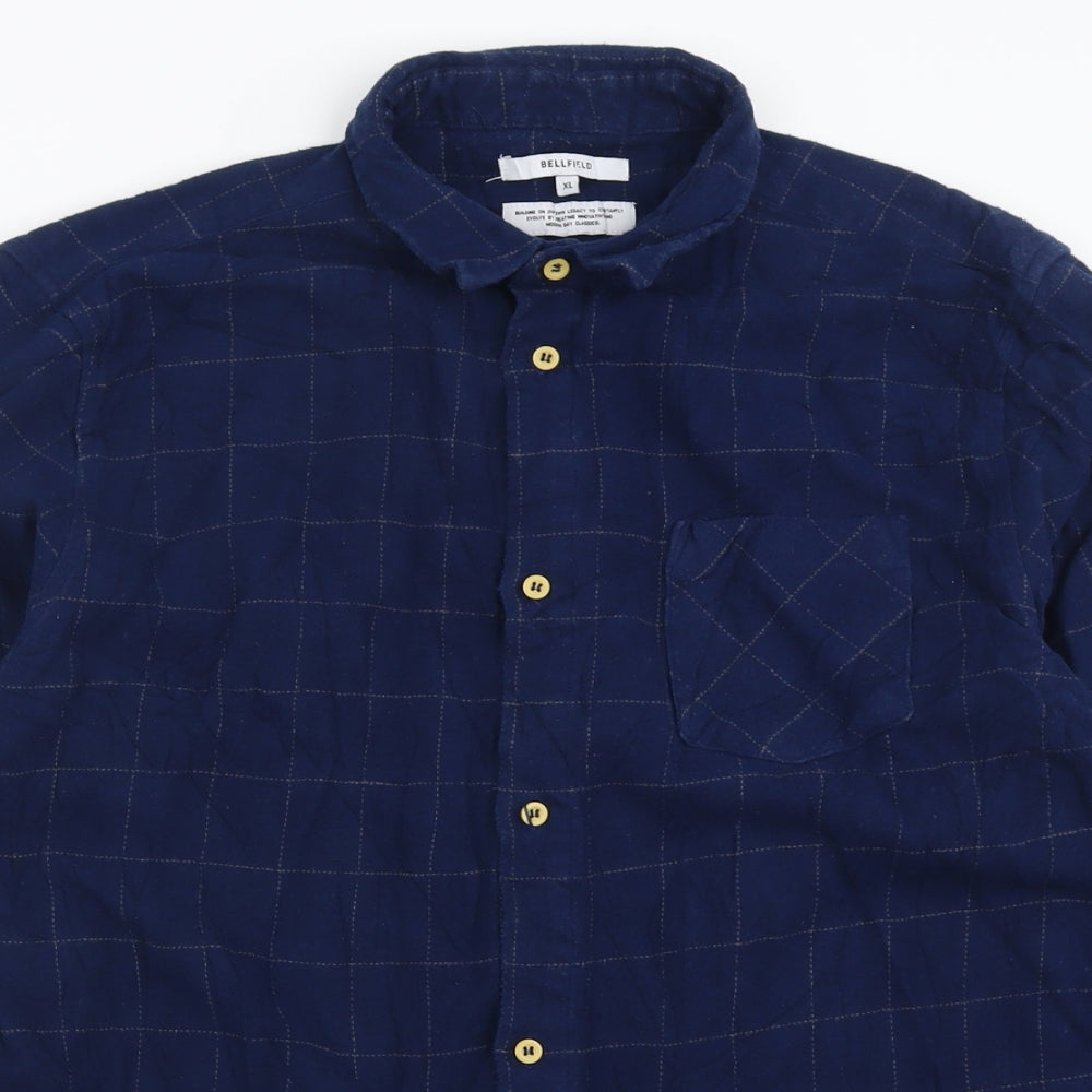 Bellfield Mens Blue Check Cotton  Button-Up Size XL Collared Button