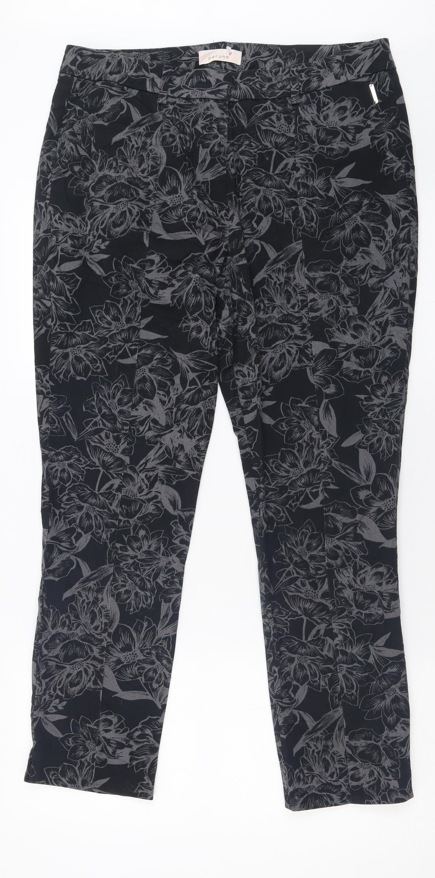 Per Una Womens Black Geometric Cotton Trousers  Size 14 L28 in Regular Hook & Eye